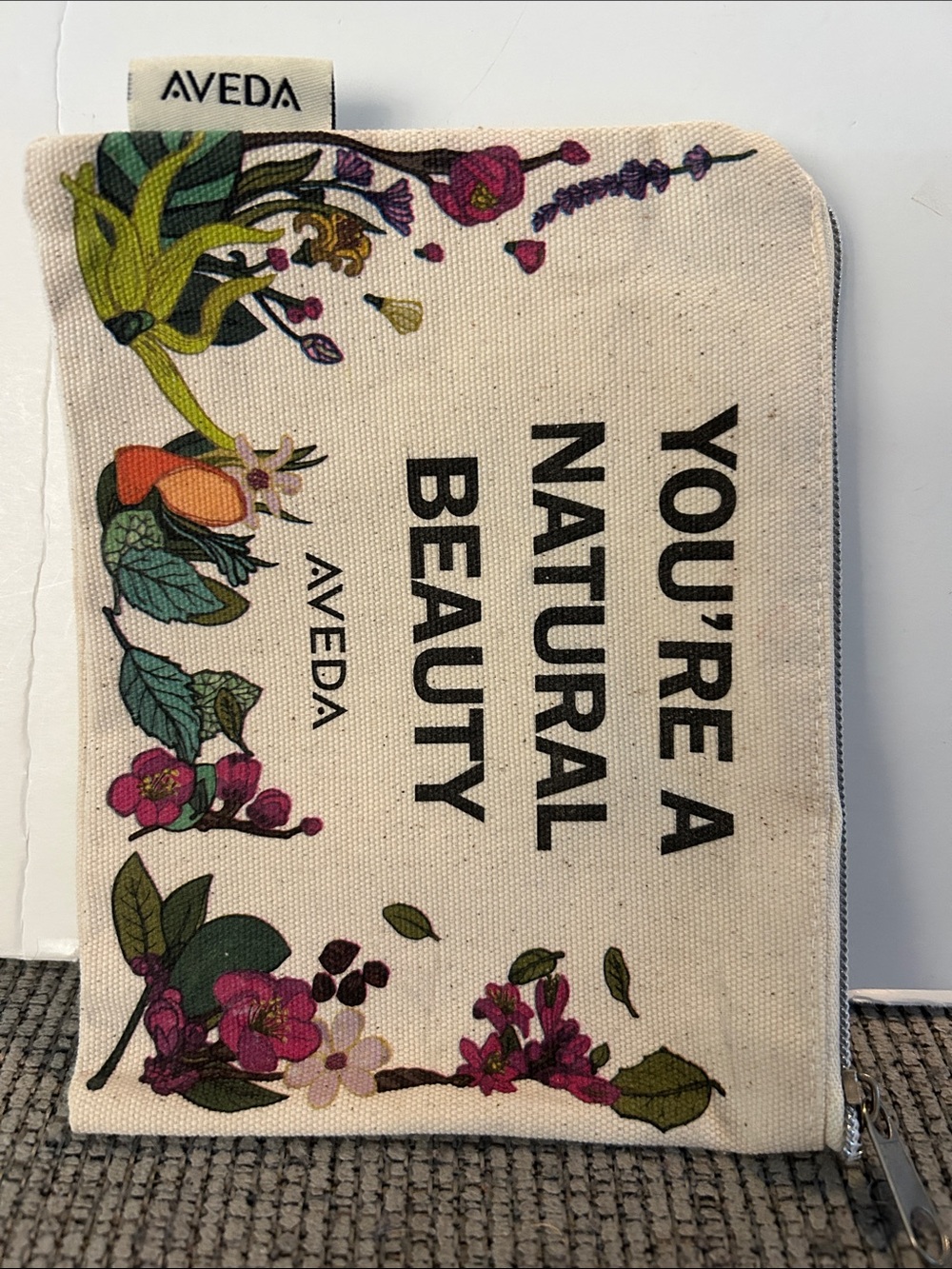 AVEDA Cream Canvas Pouch with Multicolor Floral Print 100% organic cotton